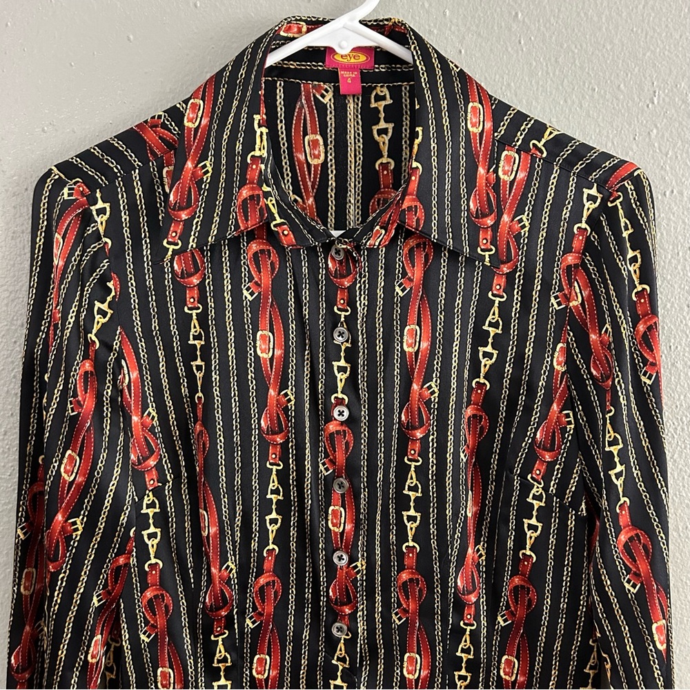 Eye Silk Bit and Bridle Print Button Front Shirt Women’s Size 4 Old Money Luxury - Picture 2 of 10